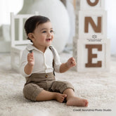 Baby Boy Suit Romper with Cap and Bow Tie Outfit O044 | 9M | White Brown