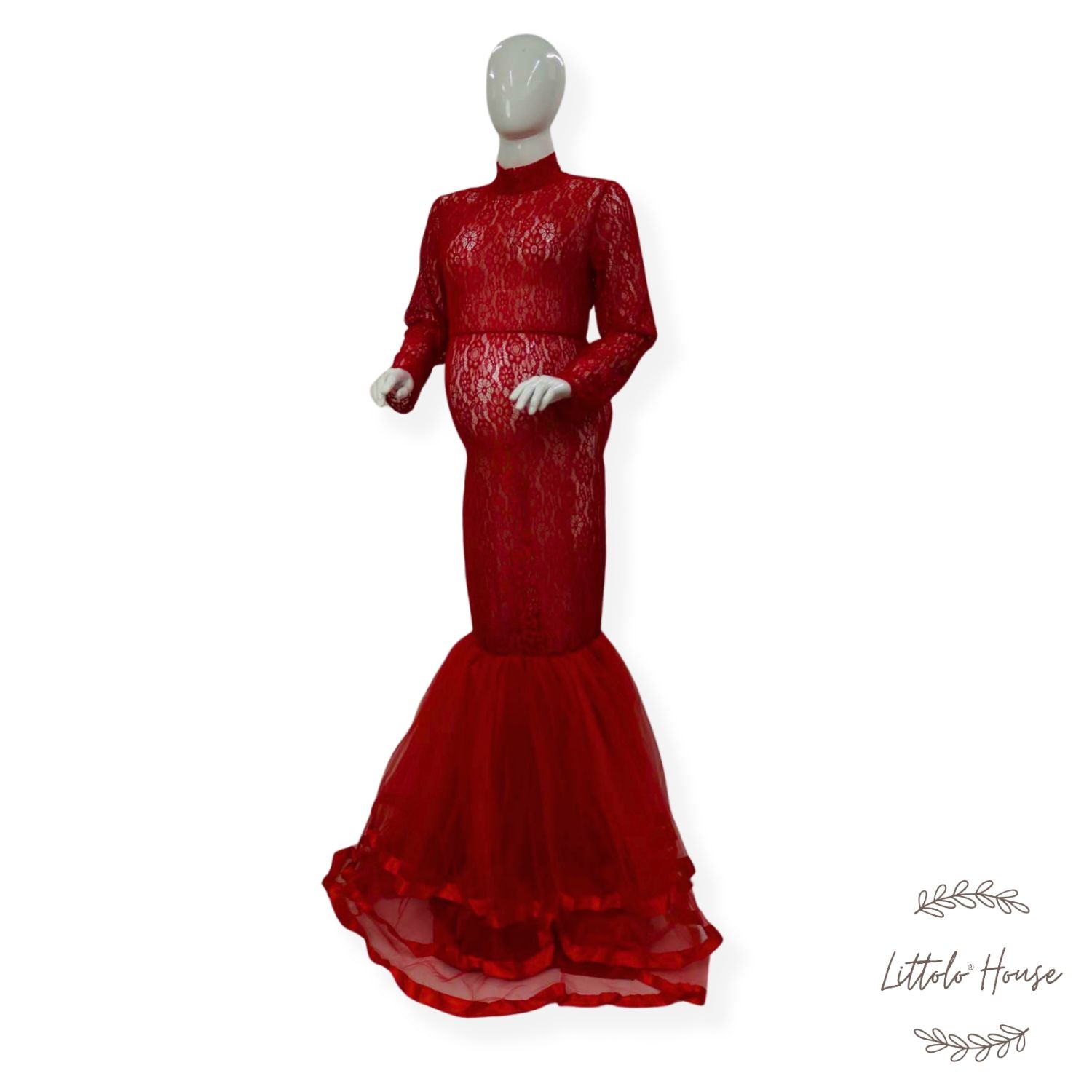 Shop Red High Neck Double Frill Maternity Dress - Main Image