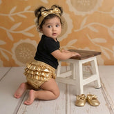Baby Girl Birthday Cake Smash Outfit Black Romper and Golden Shorts with Booties and Hairband Set of 4 Outfit O069 | 1Y | Black Golden