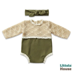 Baby Girl Stylish Dual Shade Romper with Hairband O128 | NB | Olive Green