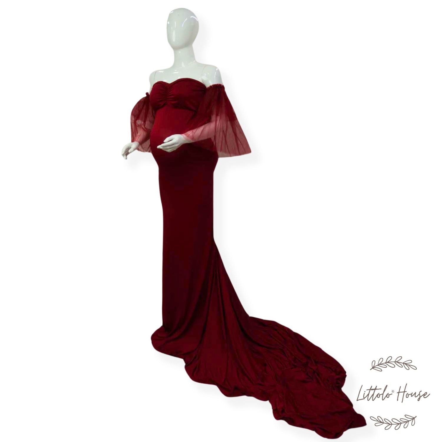 Off Shoulder Gown with Detachable Sleeves M039 | M | Cherry