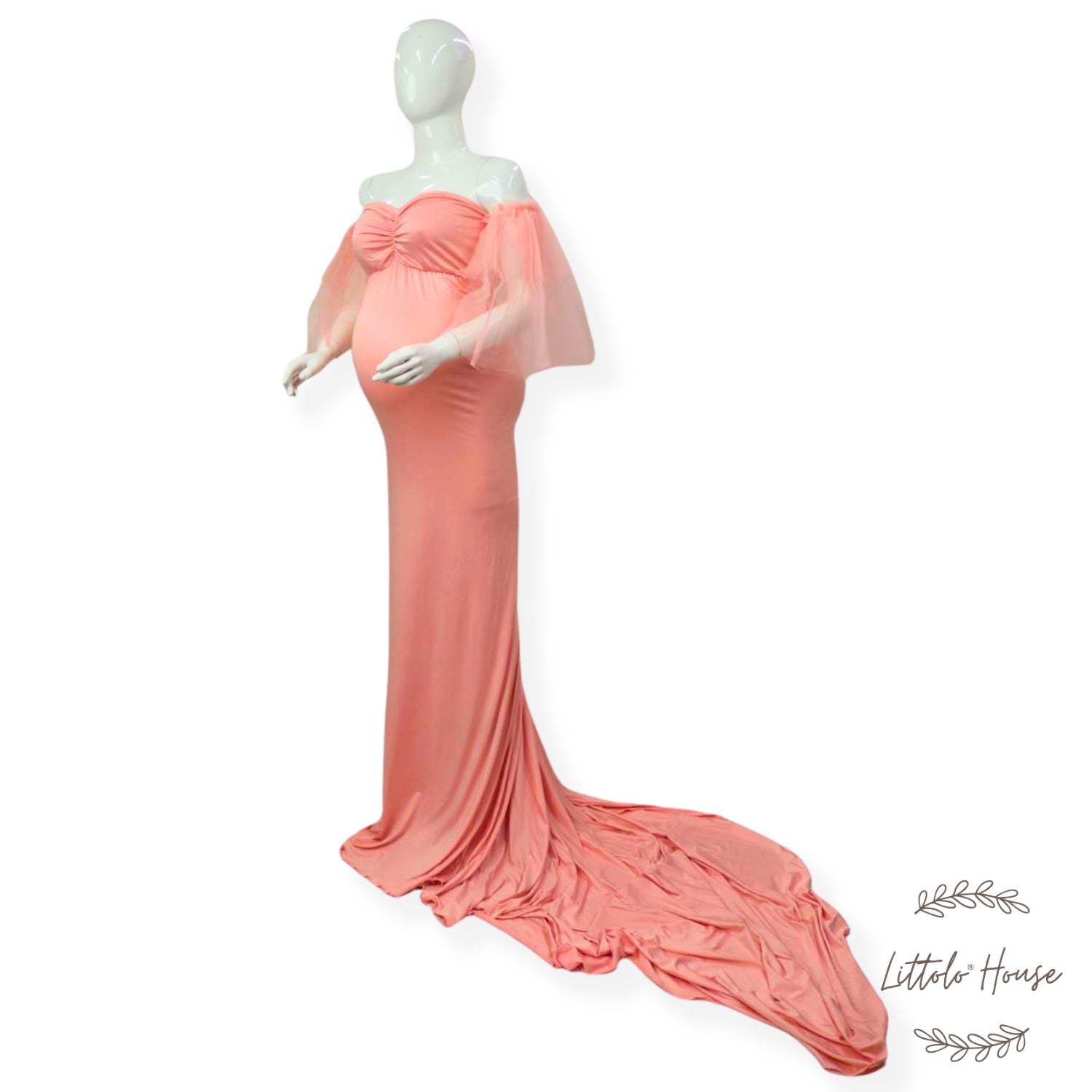 Off Shoulder Gown with Detachable Sleeves M039 | M | Salmon