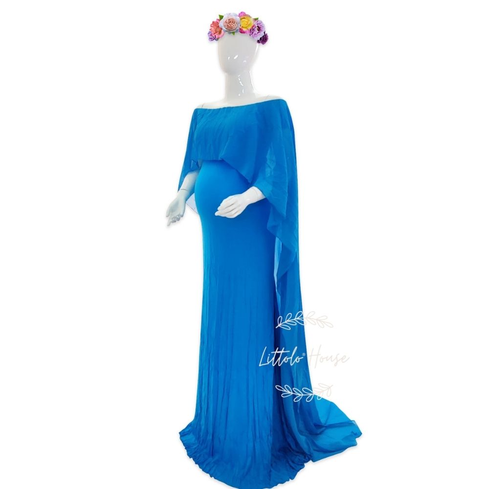 Off Shoulder Strapless Maxi Dress with attached Flare M024 Maternity Gown | L | Cornflower