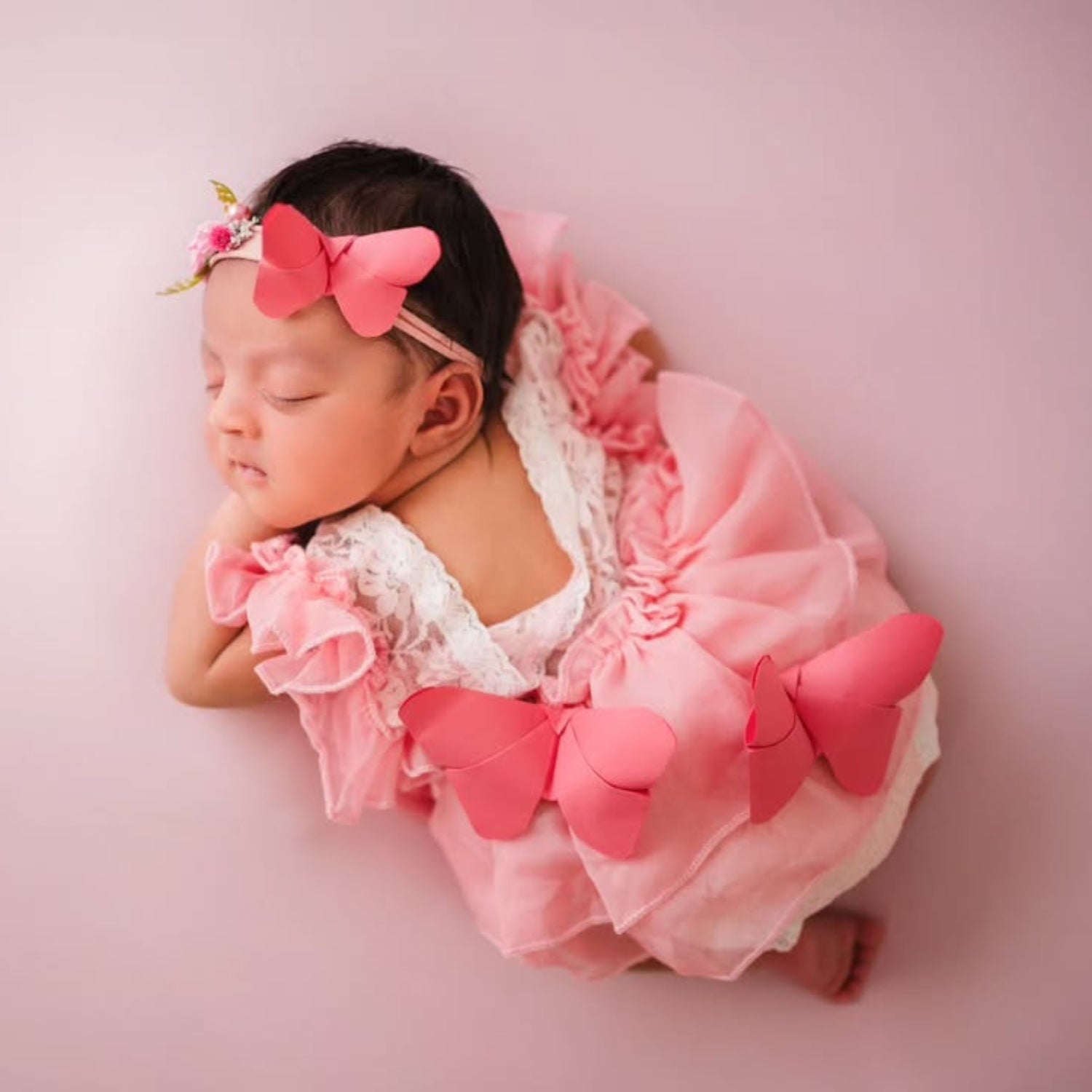 Baby Girl Lace Frill Frock with Bonnet Posing Aid and Botties SR030 | Set of 4 | 2M | Pink