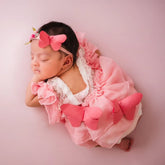 Baby Girl Lace Frill Frock with Bonnet Posing Aid and Botties SR030 | Set of 4 | 2M | Pink