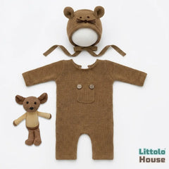 Baby Romper with Bonnet and Teddy SR020 | Set of 3 | 2M | Brown