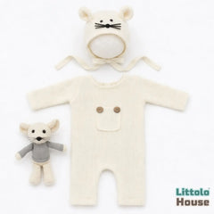 Baby Romper with Bonnet and Teddy SR020 | Set of 3 | 2M | Light Cream