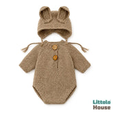 Baby Crochet Romper with half Sleeves and Bonnet with Ears SR071 | Set of 2 | NB | Brown