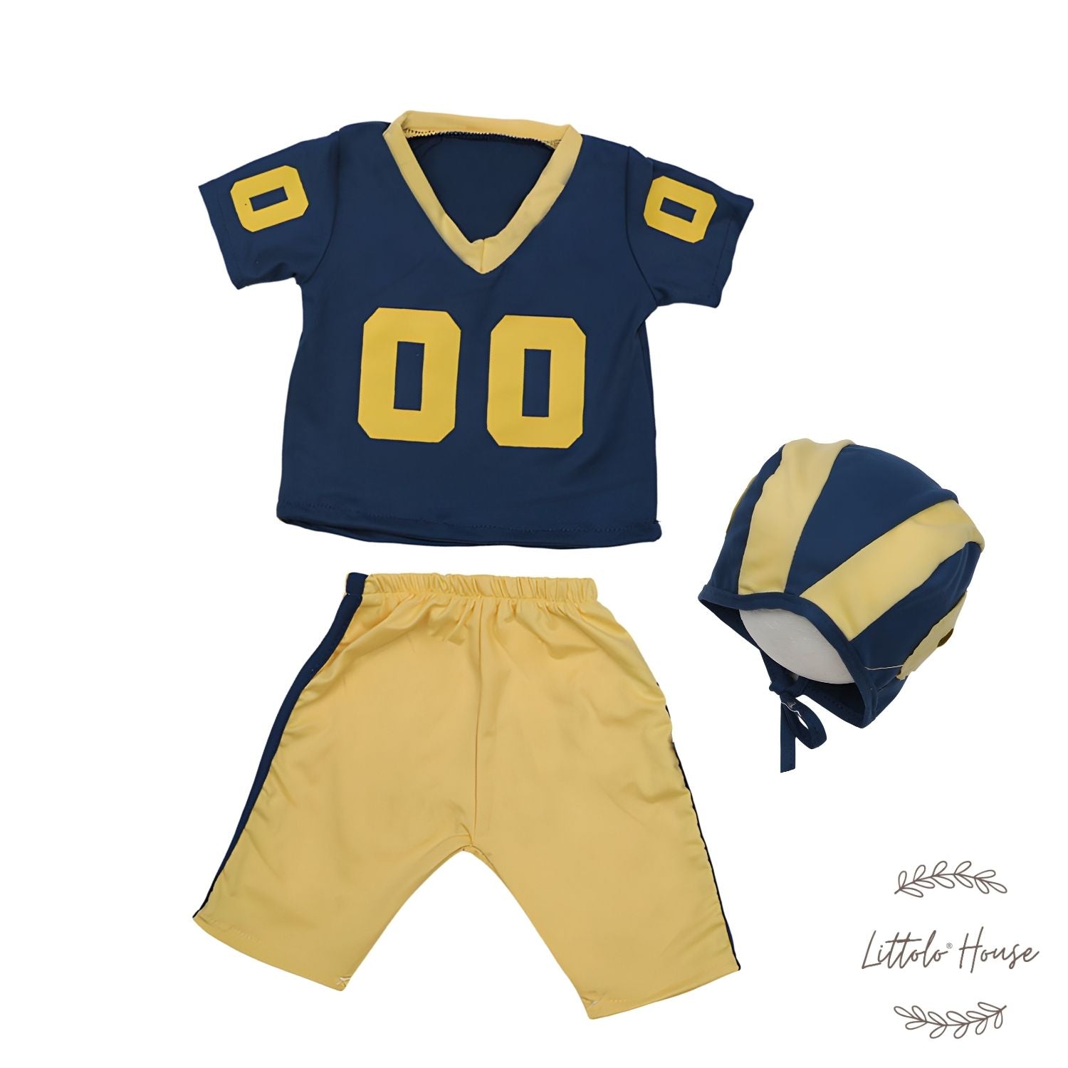 Baby Boy Sports Jersey & Shorts with Bonnet with Rugby Ball O115 | 2M | Blue Yellow