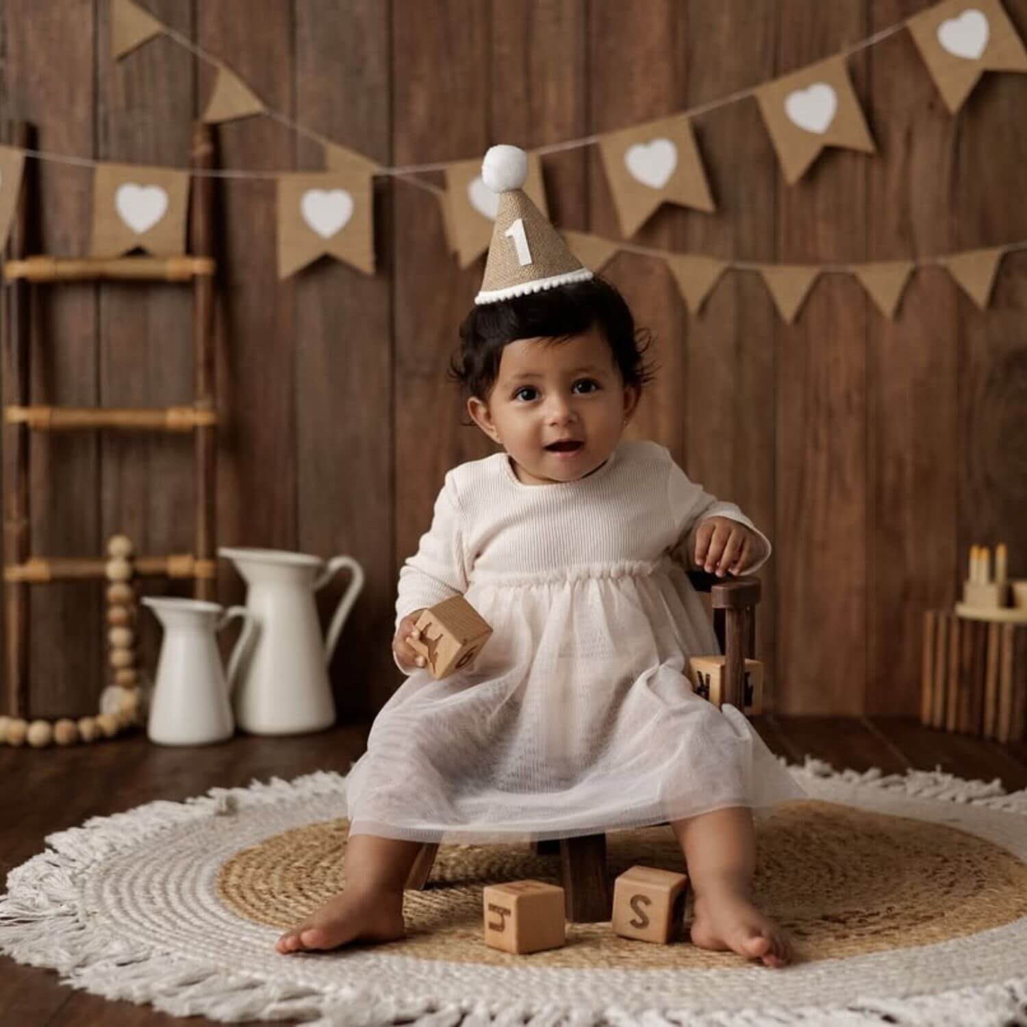Baby 1 Year Linen Hat with Pompom D002 | Decorative Add-ons | Brown