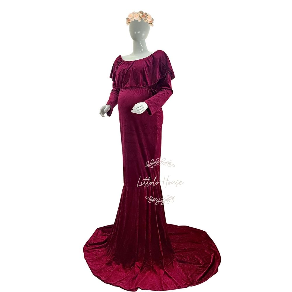 Velvet Mermaid Maxi Dress M025 Maternity Gown | L | Burgundy