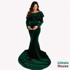 Velvet Mermaid Maxi Dress M025 Maternity Gown | L | Bottle Green