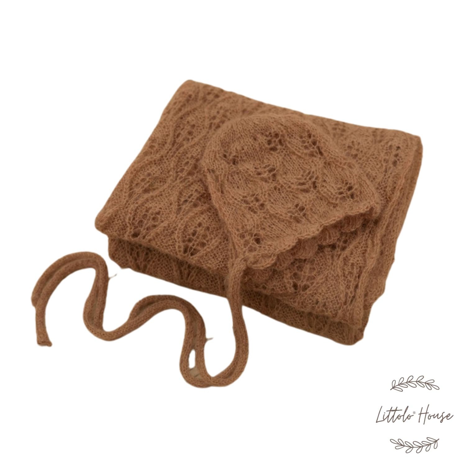 Wool Knitted Wrap with Knitted Bonnet SR054 | NB | Light Brown