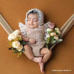Baby Girl Romper Dress and Bonnet SR008 | Set of 2 | NB | Caramel
