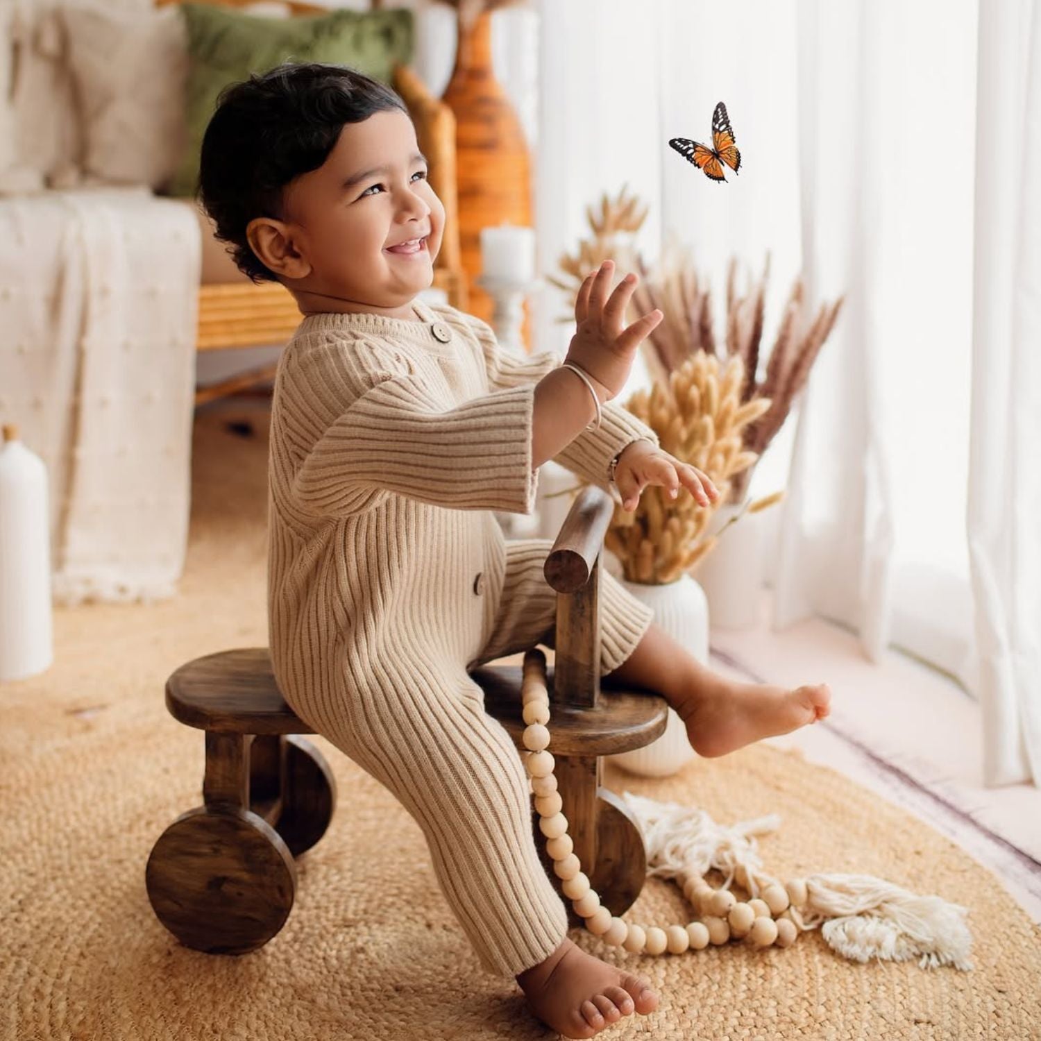 Baby Woolen Ribbed Romper O031 | Beige