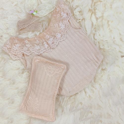 Baby Girl Soft Lace Posing Aid, Lace Bonnet with Dress Outfit S016 | Set of 3 | NB | Cream