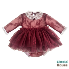 Baby Girl Net Ruffle Mesh Lace 2-Piece Set O239 | 2M | Maroon