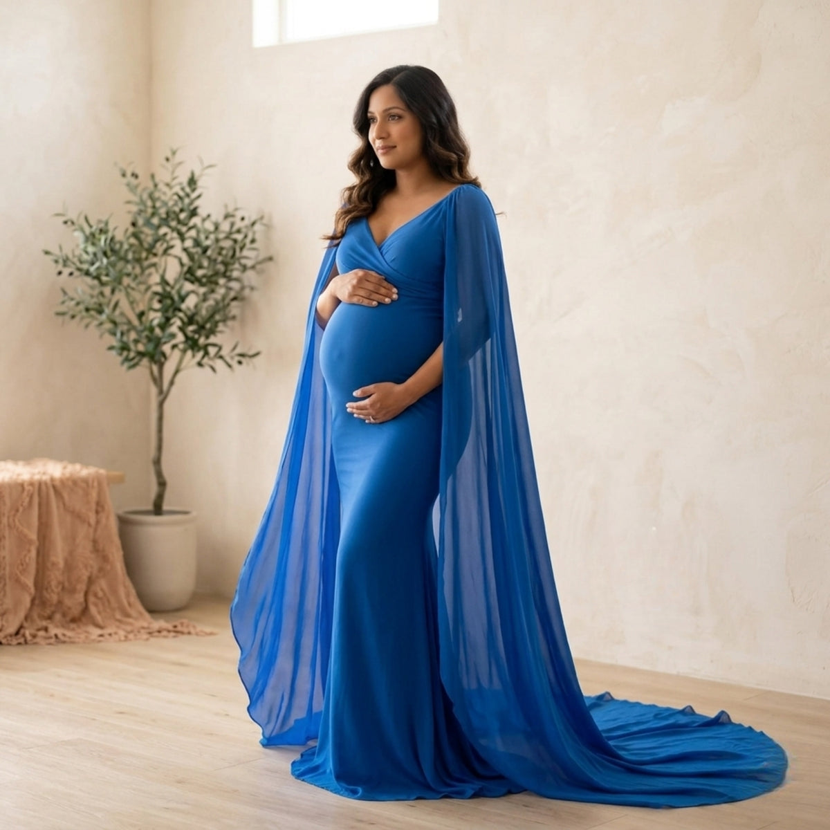 Long Chiffon Sleeves with Flowy Skirt Maxi Dress M019 Maternity Gown | Cornflower
