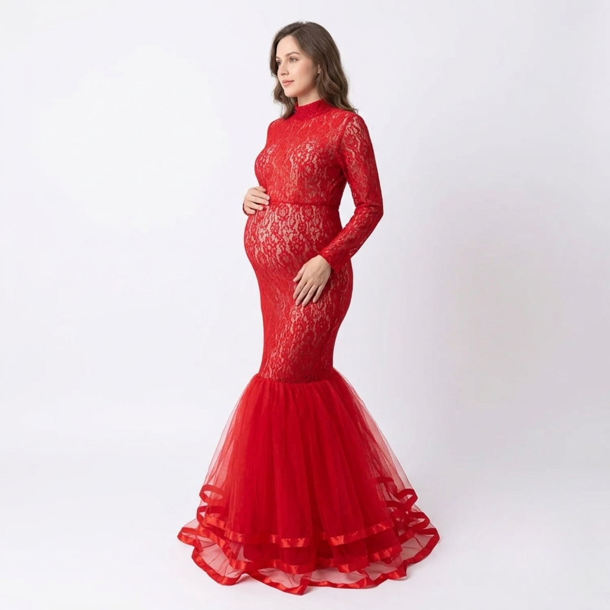 Net Highneck Double Frill Dress M049 | L | Red