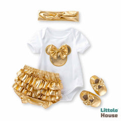 Baby Girl Birthday Cake Smash Outfit White Romper and Golden Shorts with Booties and Hairband Set of 4 Outfit O069 | 1Y | White Golden