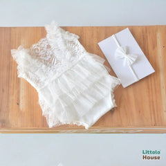 Baby Girl Ruffle Lace Romper with Headband O225 | 3M | White
