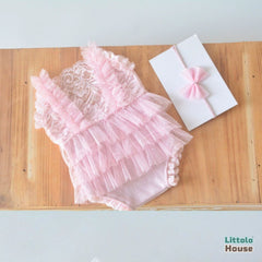 Baby Girl Ruffle Lace Romper with Headband O225 | 3M | Light Pink