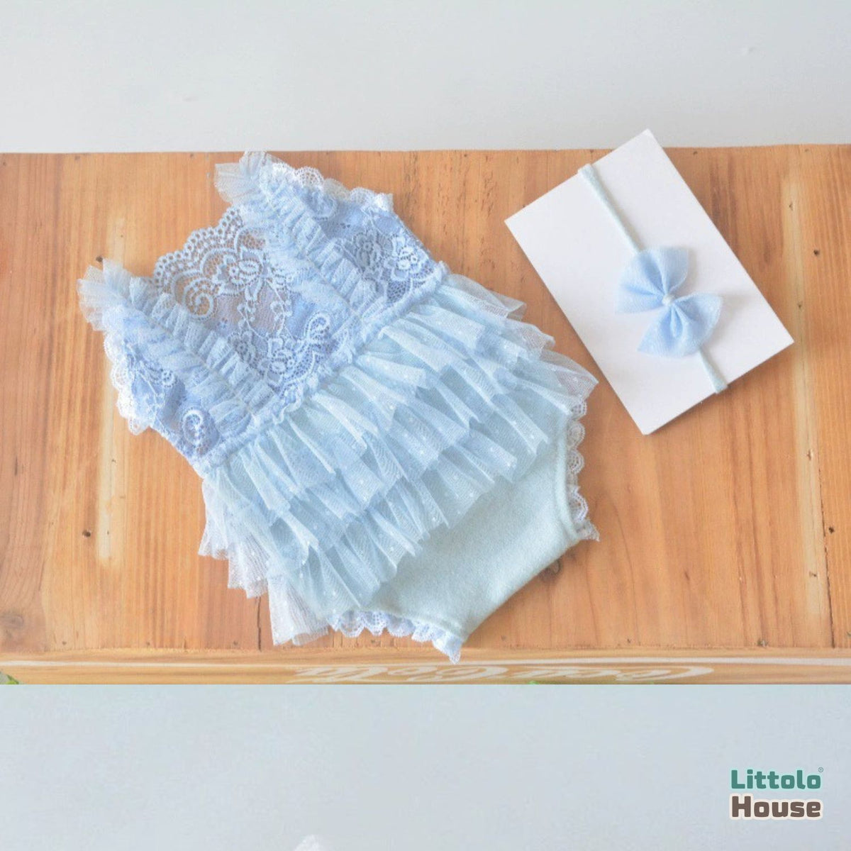 Baby Girl Ruffle Lace Romper with Headband O225 | 3M | Sky Blue