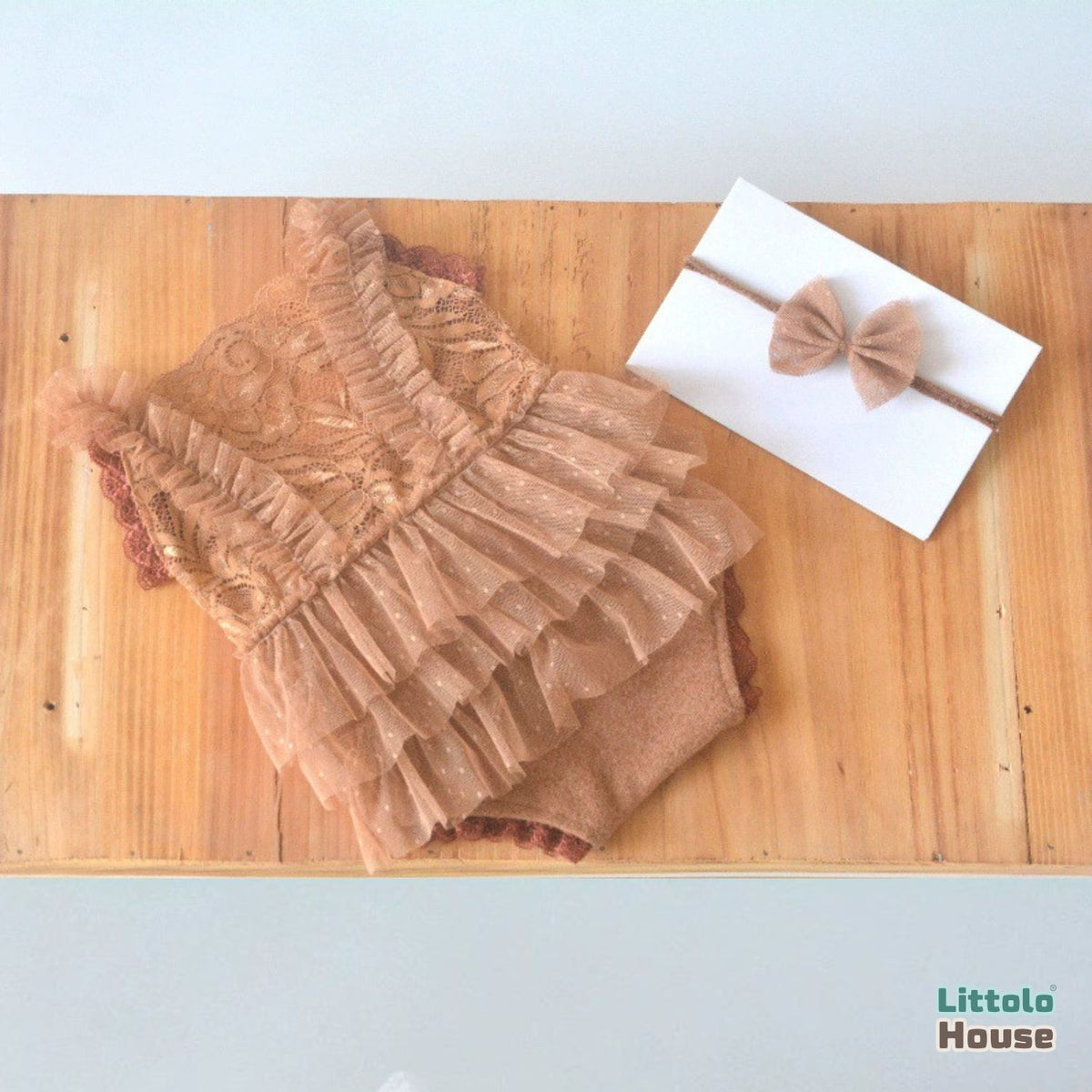 Baby Girl Ruffle Lace Romper with Headband O225 | 3M | Rusty Brown