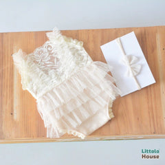 Baby Girl Ruffle Lace Romper with Headband O225 | 3M | Off White