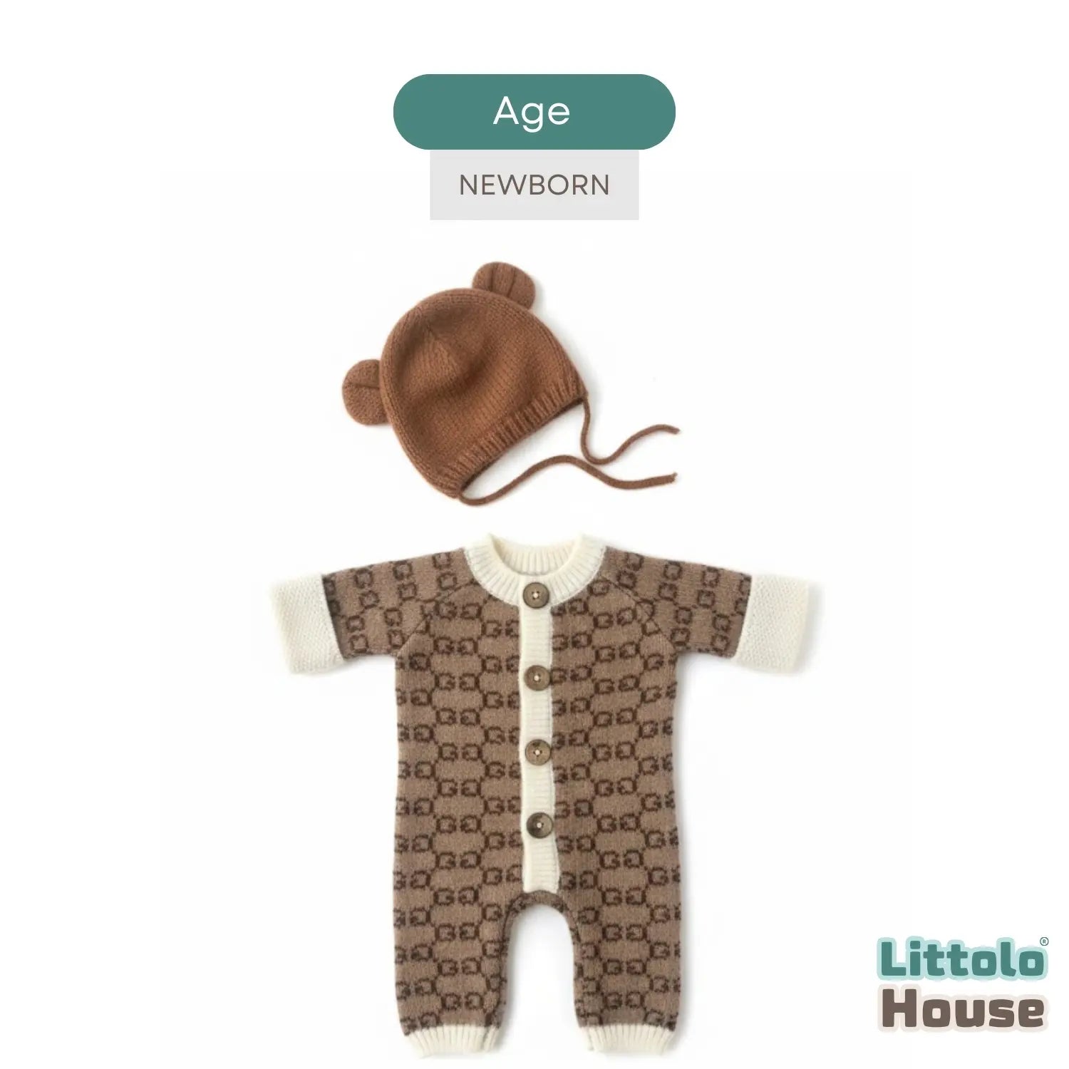 Baby Celebrity-Style Premium Romper with Bear Bonnet O256 | NB | Brown