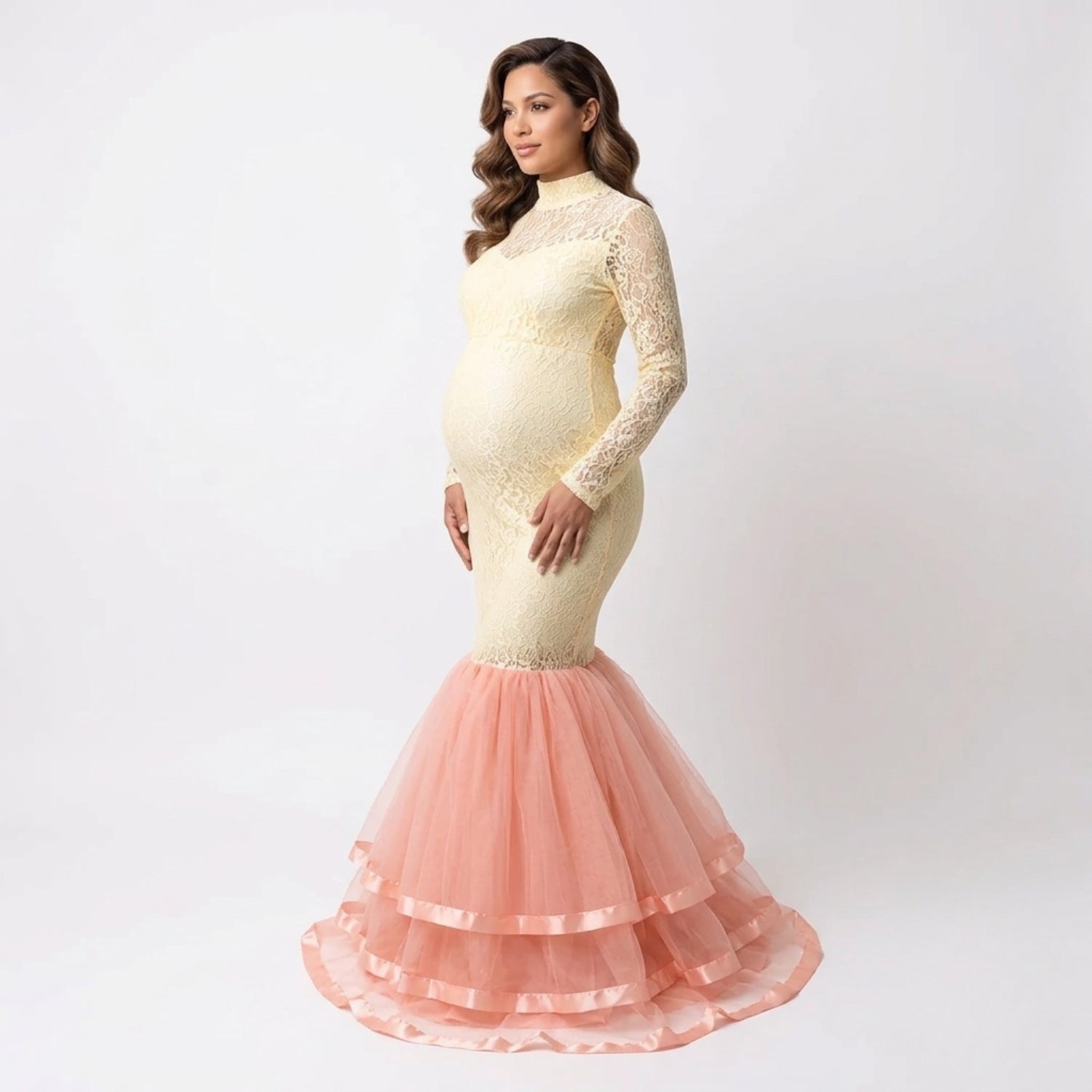 Net Highneck Double Frill Dress M049 | L | Cream peach