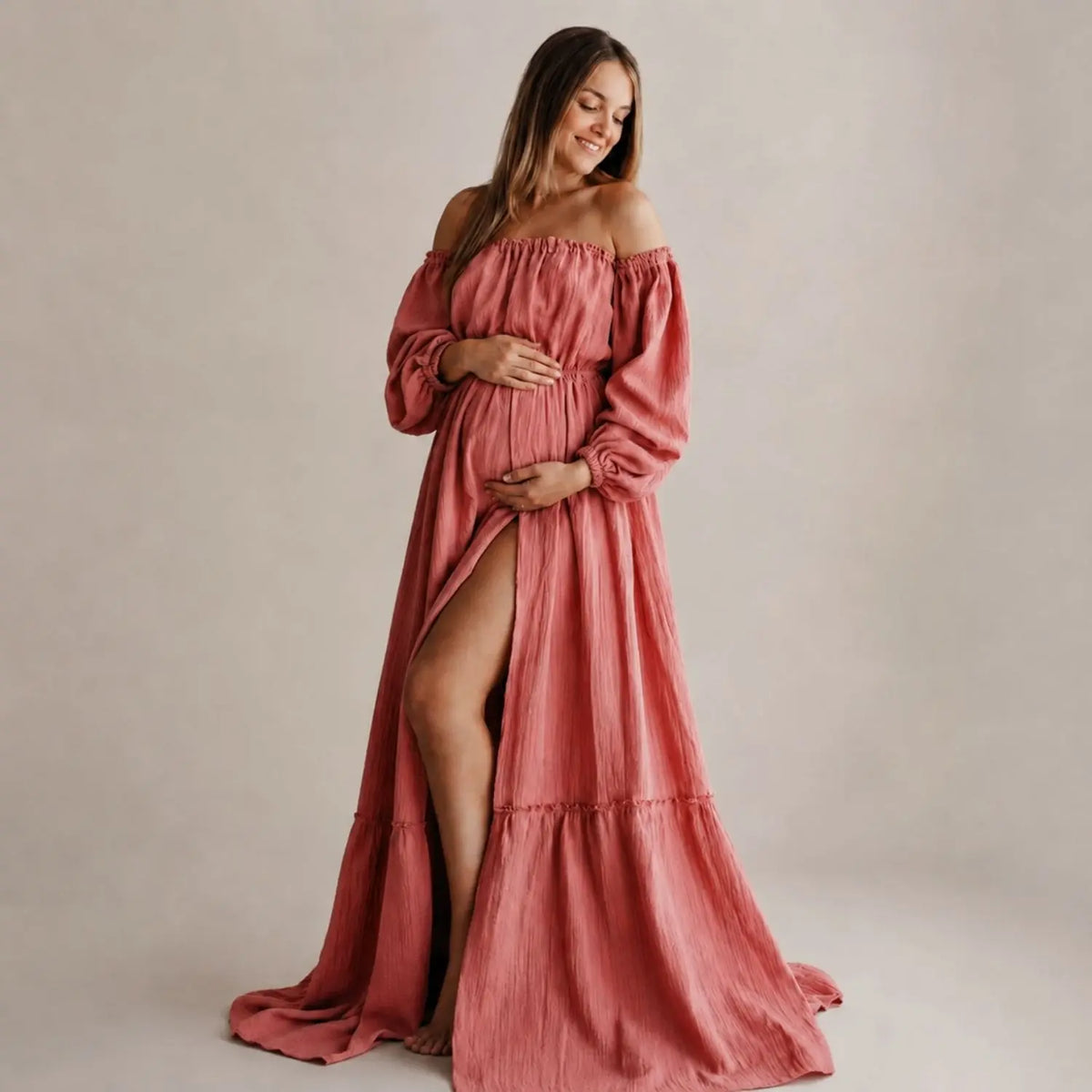 Rustic Bohemian Maternity Off-Shoulder Flowing Gown M055 | L | Rosewood