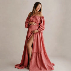 Rustic Bohemian Maternity Off-Shoulder Flowing Gown M055 | L | Rosewood