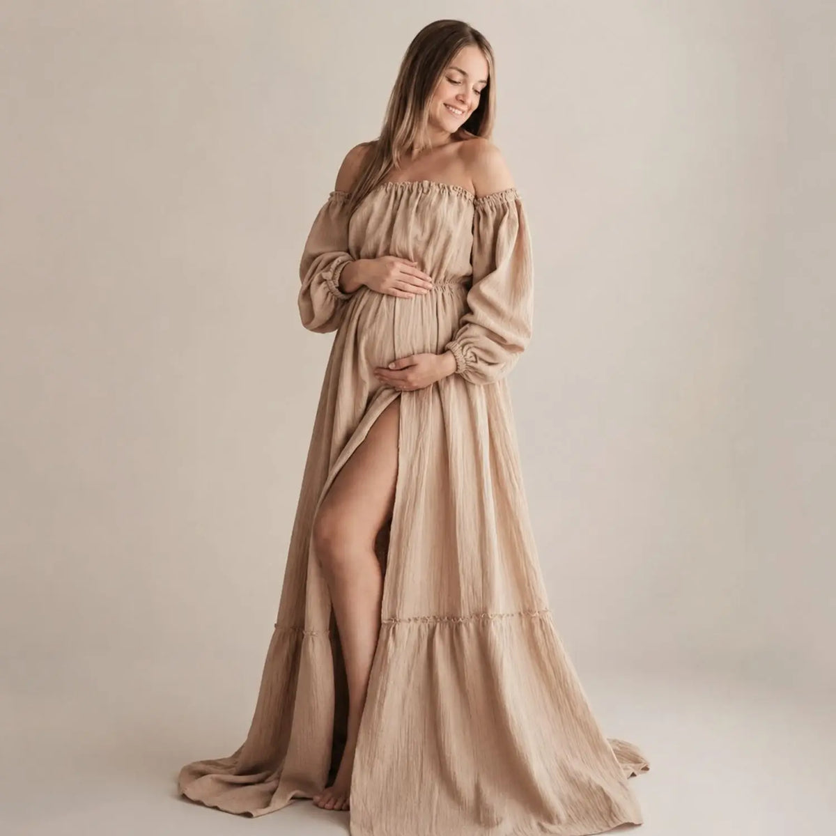 Rustic Bohemian Maternity Off-Shoulder Flowing Gown M055 | L | Beige