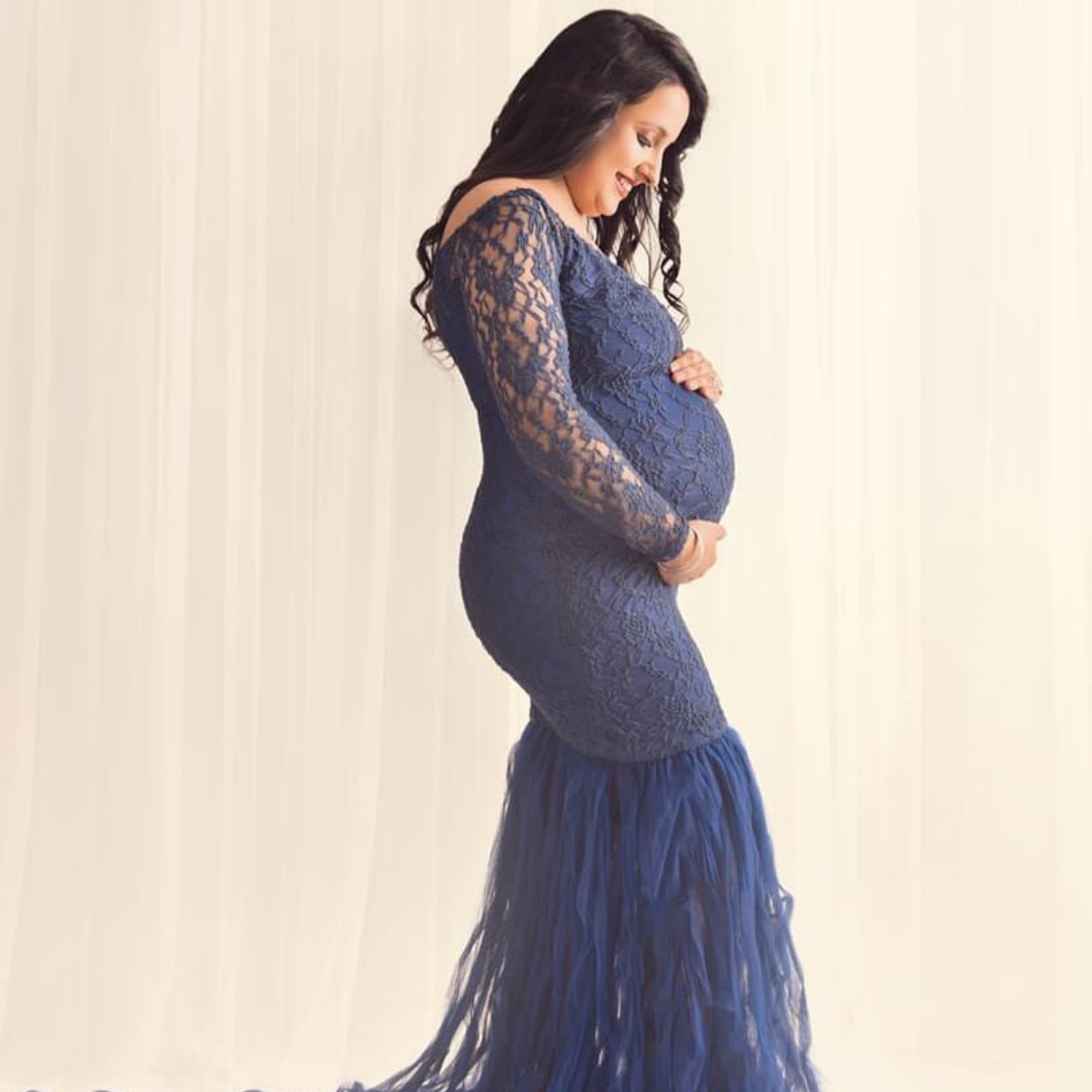 Long Lace Sleeves Maxi Dress M020 Maternity Gown | Denim