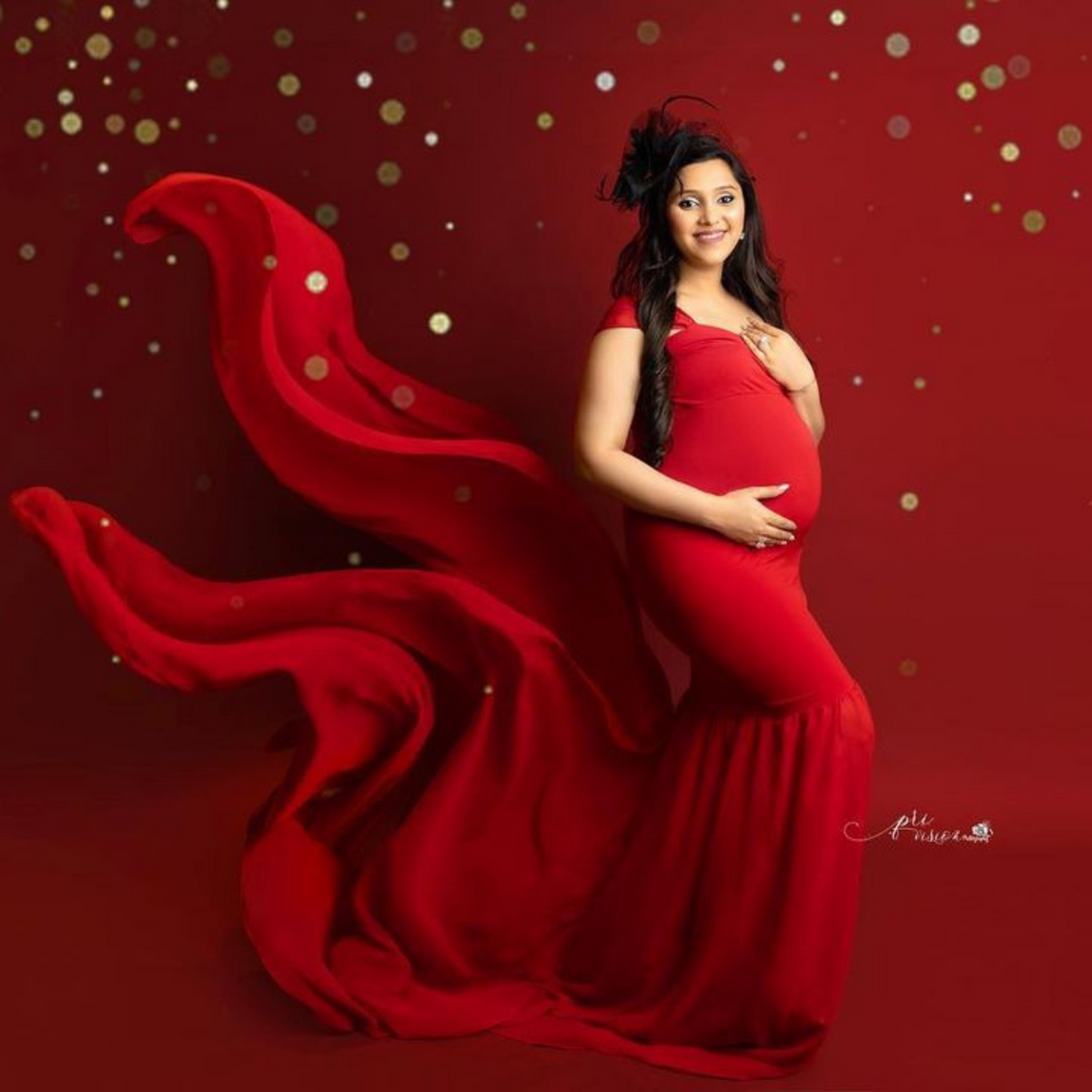 Chiffon Flowy Dress with Short Chiffon Sleeves M002 Maternity Gown | L | Red