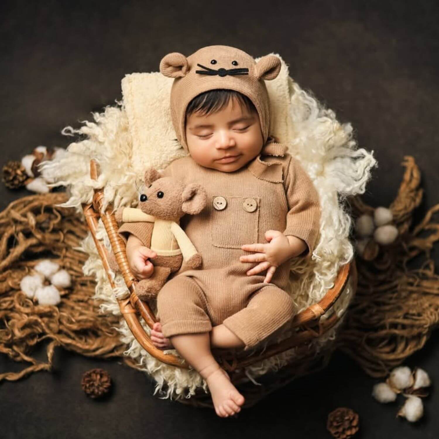 Baby Romper with Bonnet and Teddy SR020 | Set of 3 | NB | Brown