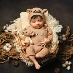 Baby Romper with Bonnet and Teddy SR020 | Set of 3 | NB | Brown