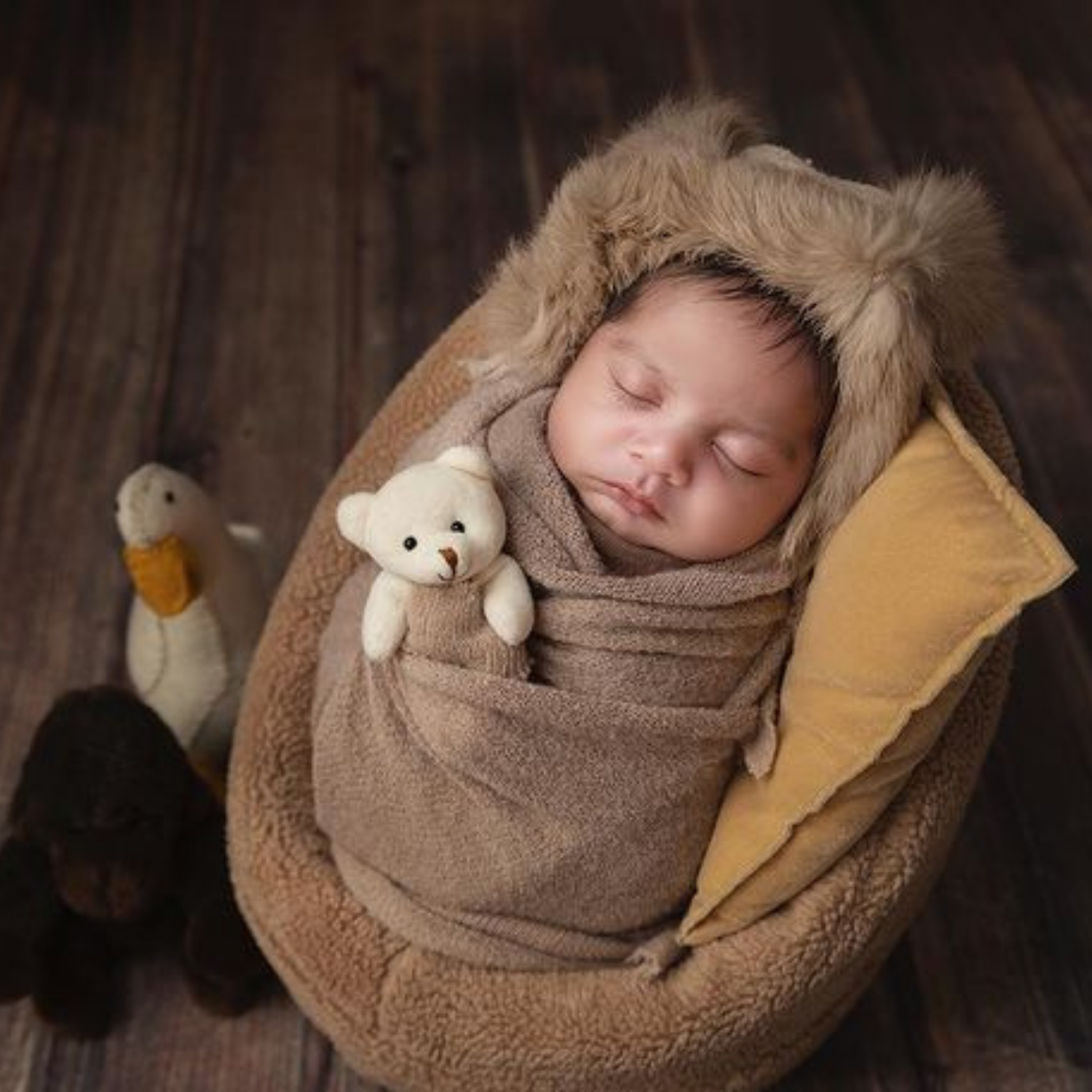 Baby Crochet Mohair Bonnet with Wrap and Teddy SR025 | Set of 3 | 3M | Caramel