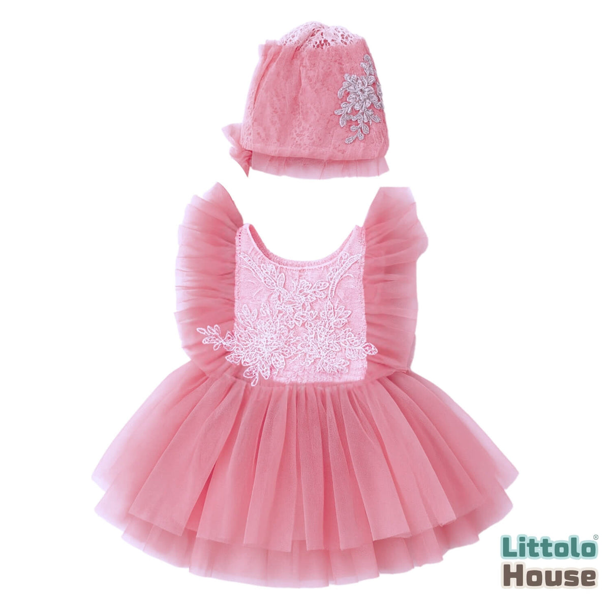 Baby Girl Net Frill Frock with Bonnet O132 | 3M | Pink