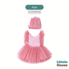 Baby Girl Net Frill Frock with Bonnet O132 | 3M | Pink