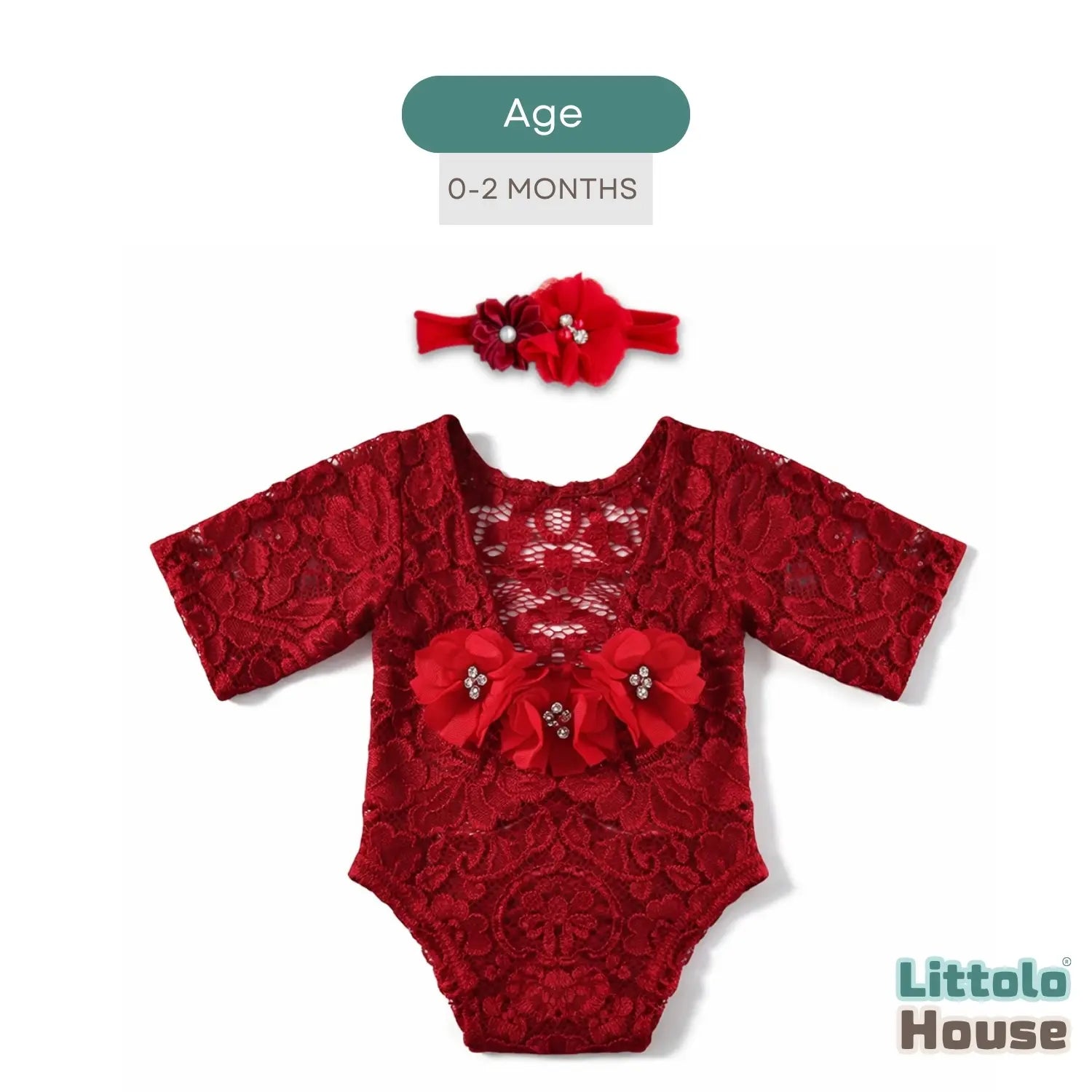 Baby Girl Lace Net Backless Romper with Hairband O109 | 2M | Maroon