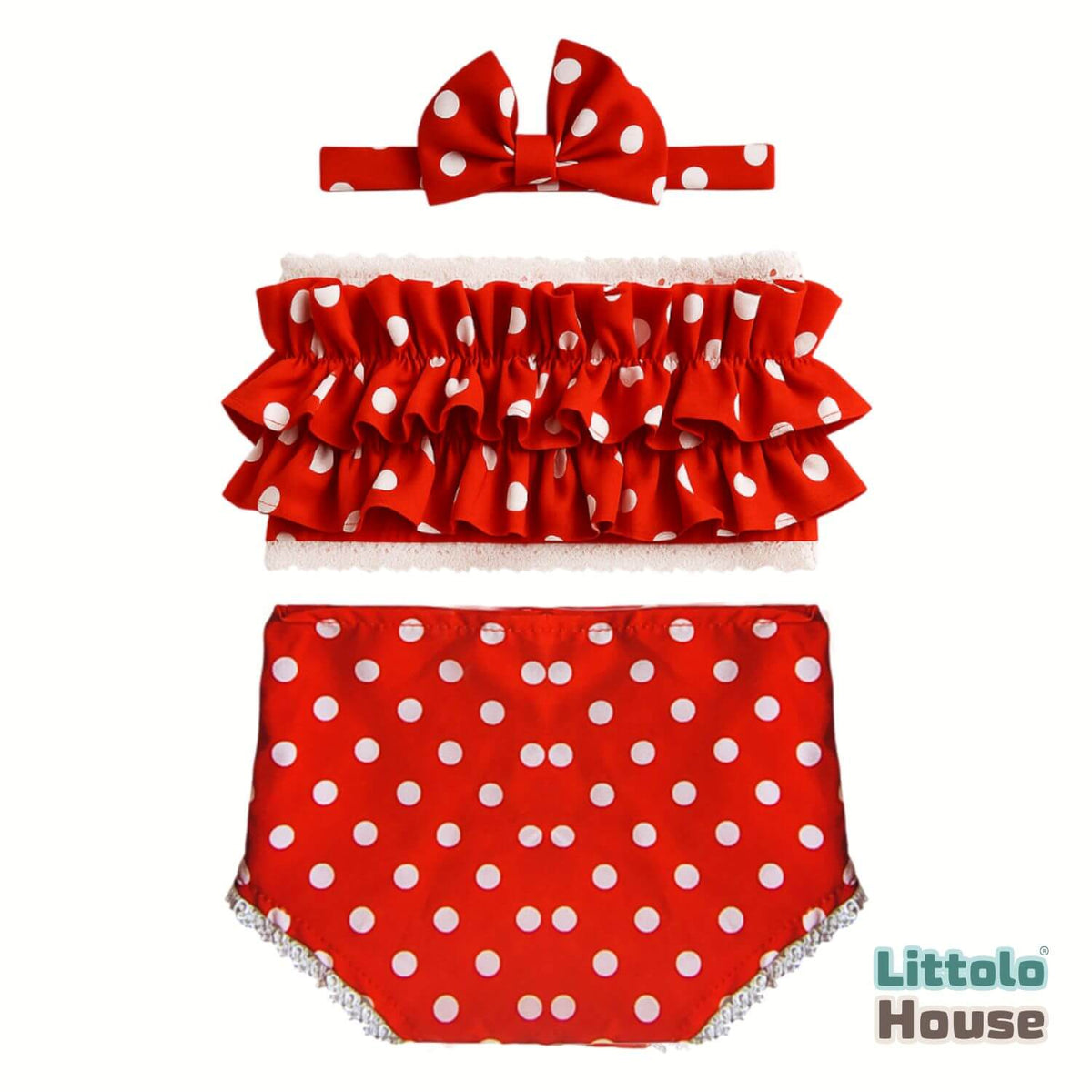 Baby Girl Polka Dot Ruffle Tube Top & Bloomer Outfit with Bow Headband O233 | NB | Red