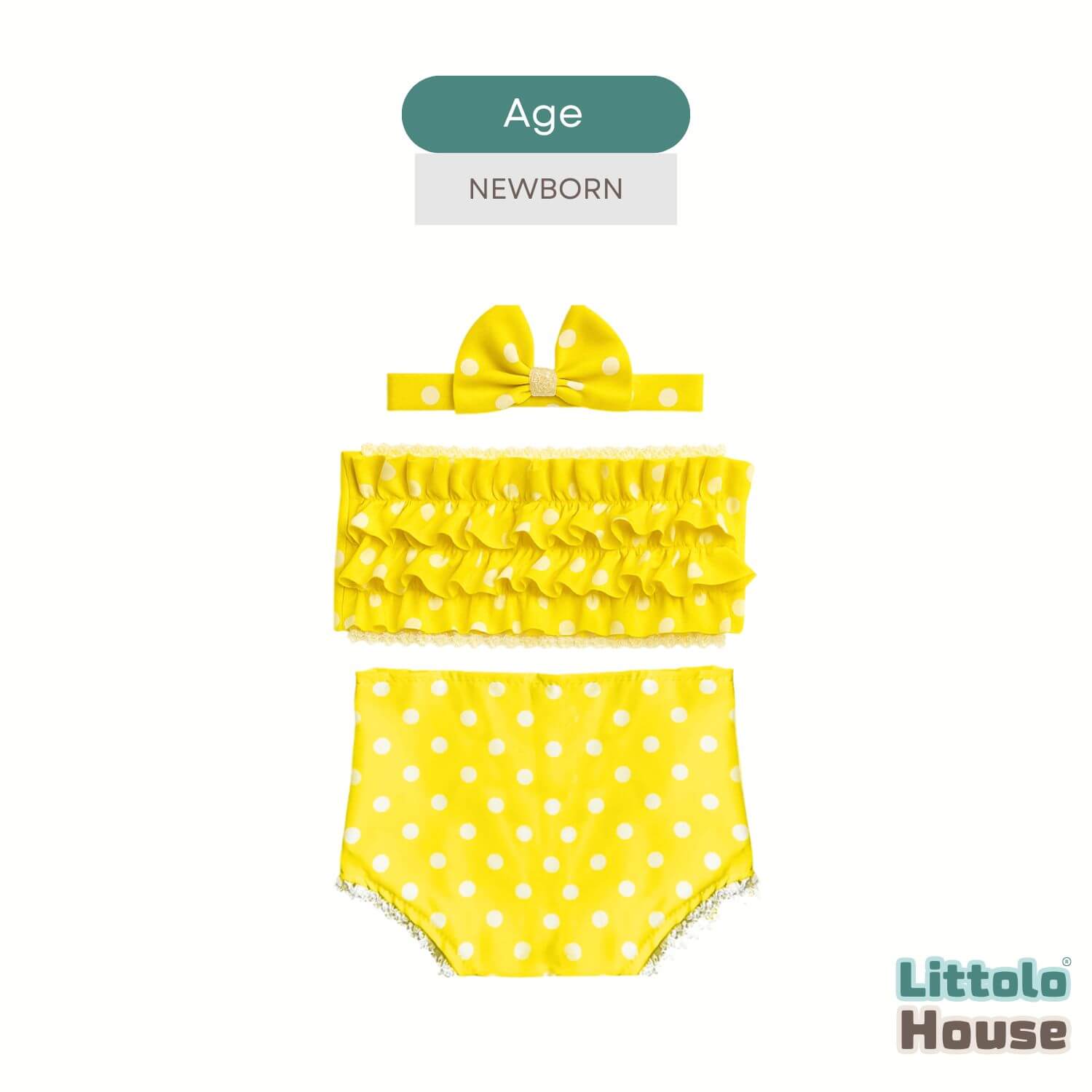 Baby Girl Polka Dot Ruffle Tube Top & Bloomer Outfit with Bow Headband O233 | NB | Yellow
