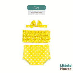 Baby Girl Polka Dot Ruffle Tube Top & Bloomer Outfit with Bow Headband O233 | NB | Yellow
