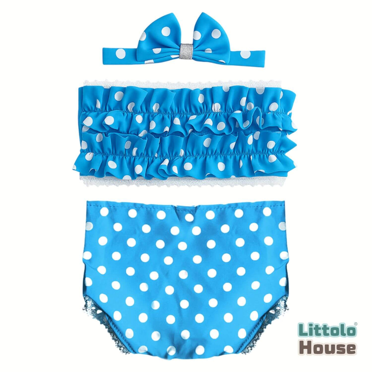 Baby Girl Polka Dot Ruffle Tube Top & Bloomer Outfit with Bow Headband O233 | NB | Sky