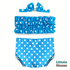 Baby Girl Polka Dot Ruffle Tube Top & Bloomer Outfit with Bow Headband O233 | NB | Sky