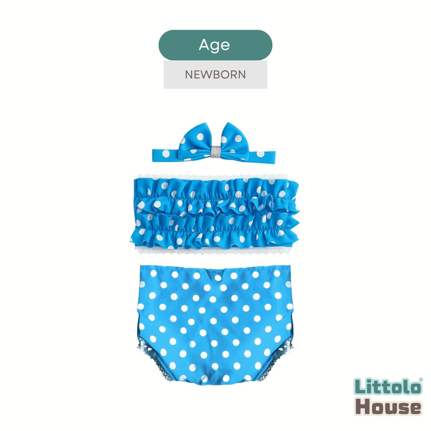 Baby Girl Polka Dot Ruffle Tube Top & Bloomer Outfit with Bow Headband O233 | NB | Sky