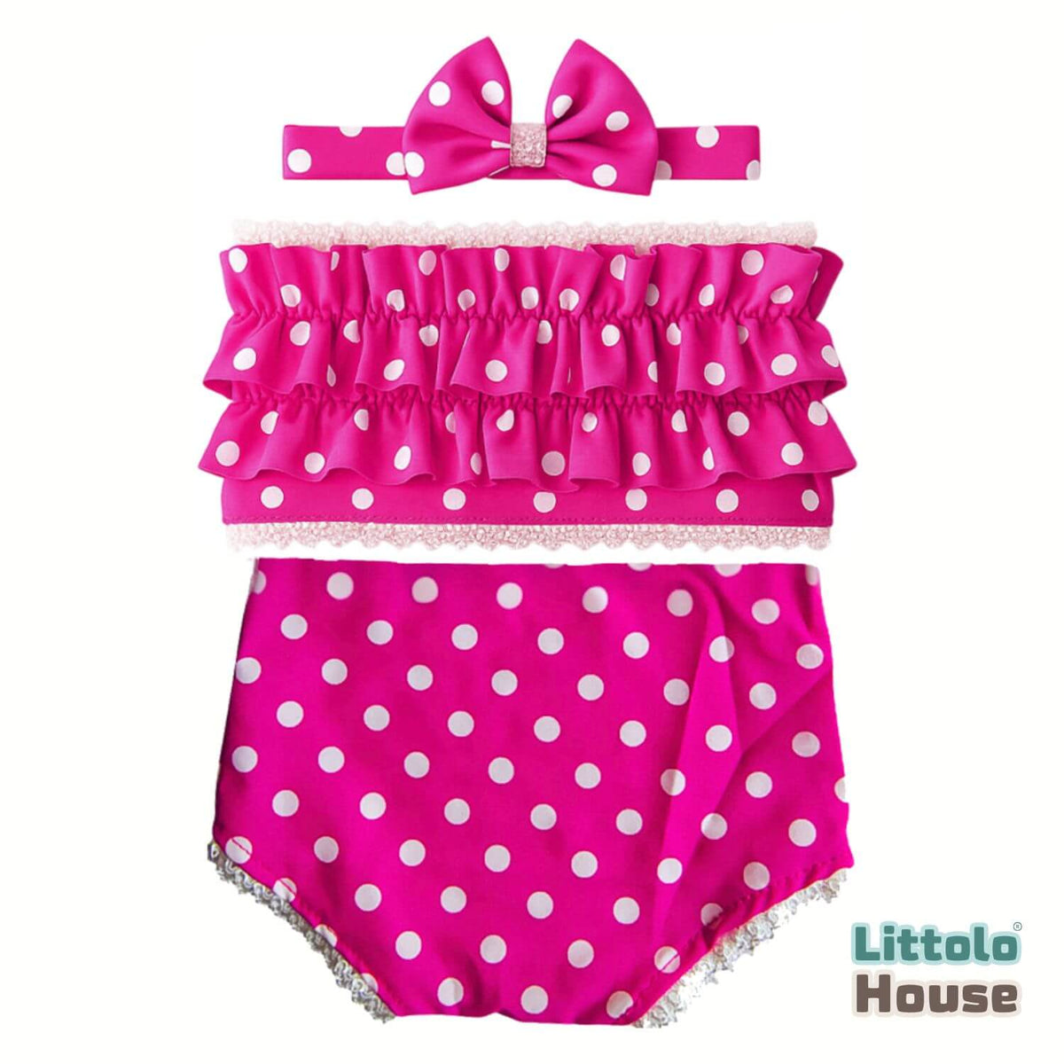 Baby Girl Polka Dot Ruffle Tube Top & Bloomer Outfit with Bow Headband O233 | NB | Pink