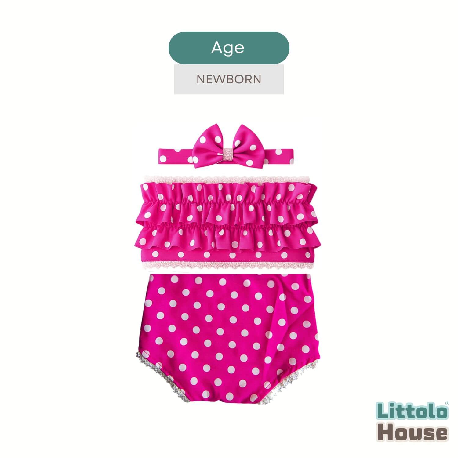 Baby Girl Polka Dot Ruffle Tube Top & Bloomer Outfit with Bow Headband O233 | NB | Pink